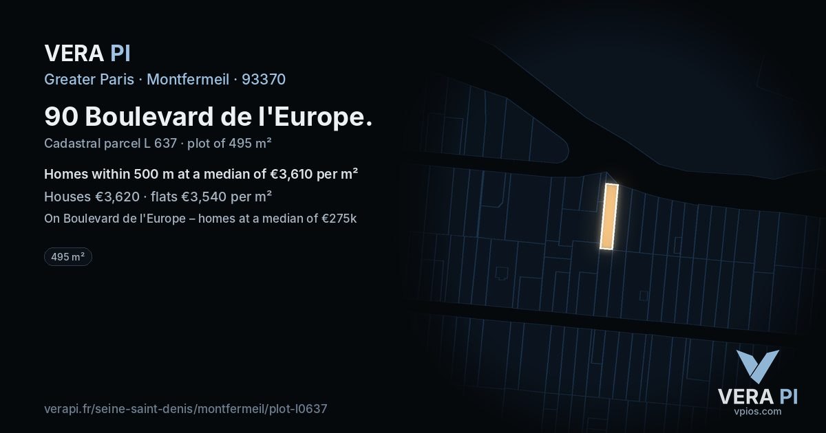 90 Boulevard de l'Europe, Montfermeil at night – the plot lit, the parcels around coloured by the prices near them