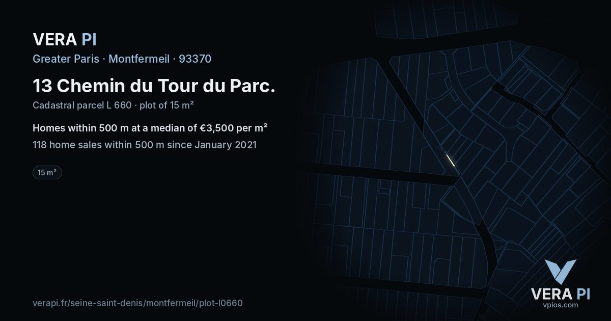 13 Chemin du Tour du Parc, Montfermeil at night – the plot lit, the parcels around coloured by the prices near them