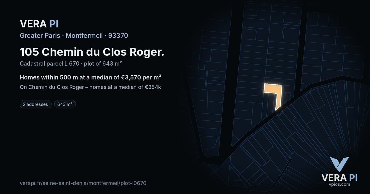 105 Chemin du Clos Roger, Montfermeil at night – the plot lit, the parcels around coloured by the prices near them