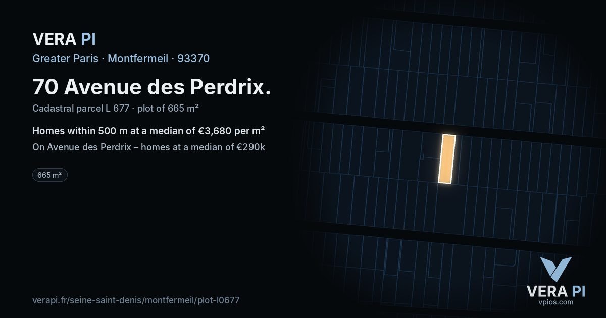 70 Avenue des Perdrix, Montfermeil at night – the plot lit, the parcels around coloured by the prices near them