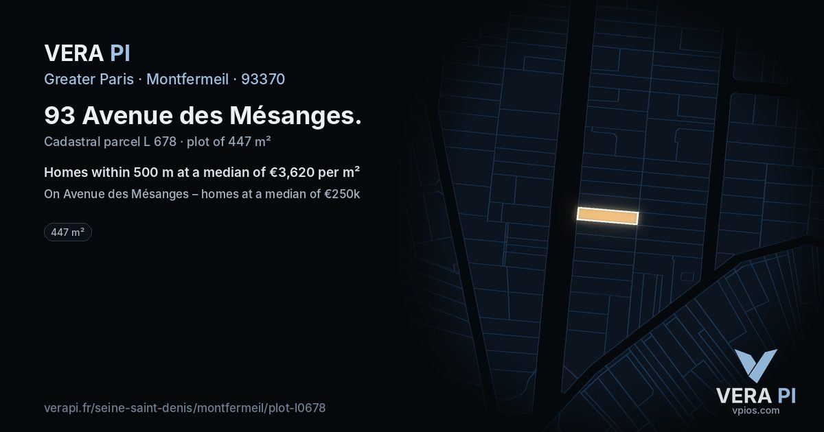 93 Avenue des Mésanges, Montfermeil at night – the plot lit, the parcels around coloured by the prices near them