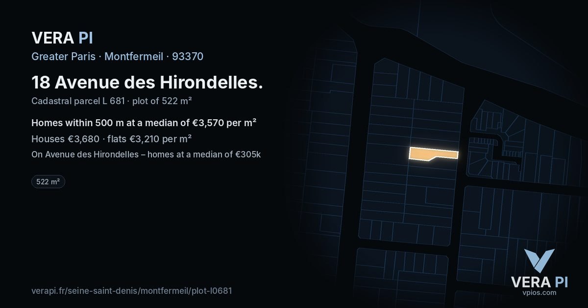 18 Avenue des Hirondelles, Montfermeil at night – the plot lit, the parcels around coloured by the prices near them