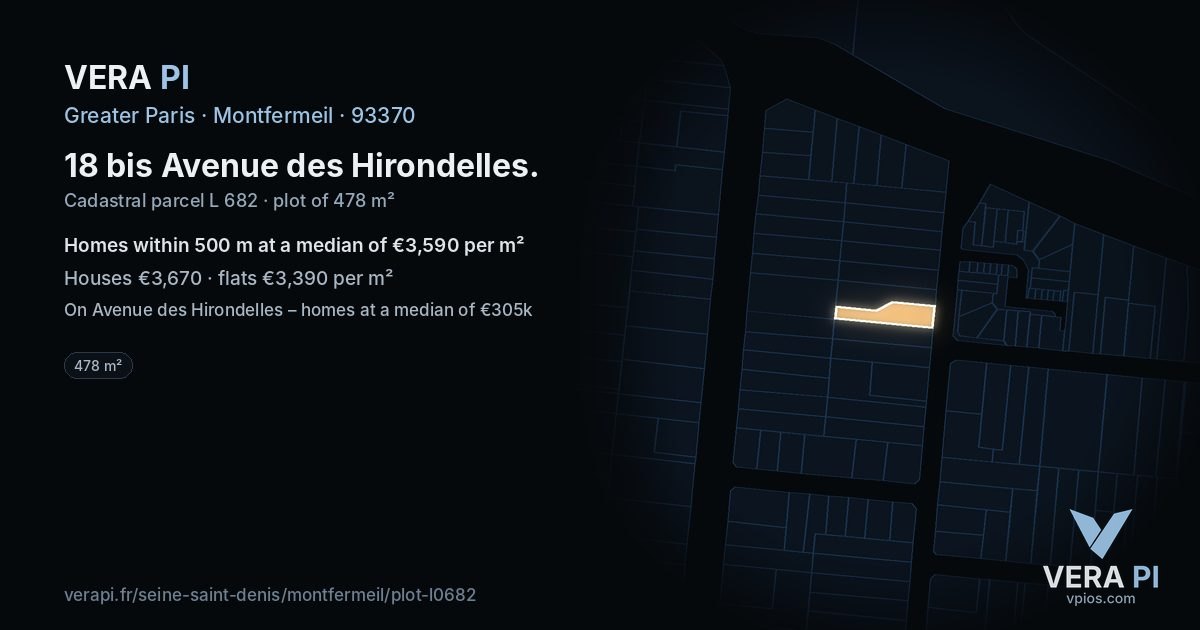 18 bis Avenue des Hirondelles, Montfermeil at night – the plot lit, the parcels around coloured by the prices near them
