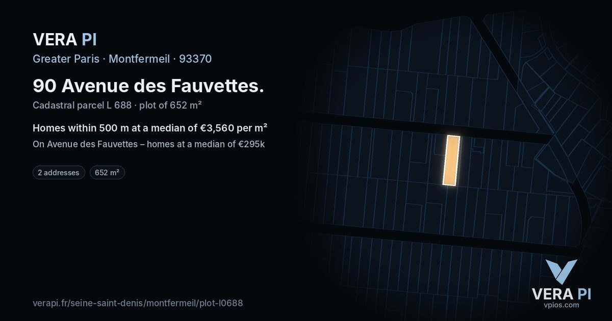90 Avenue des Fauvettes, Montfermeil at night – the plot lit, the parcels around coloured by the prices near them