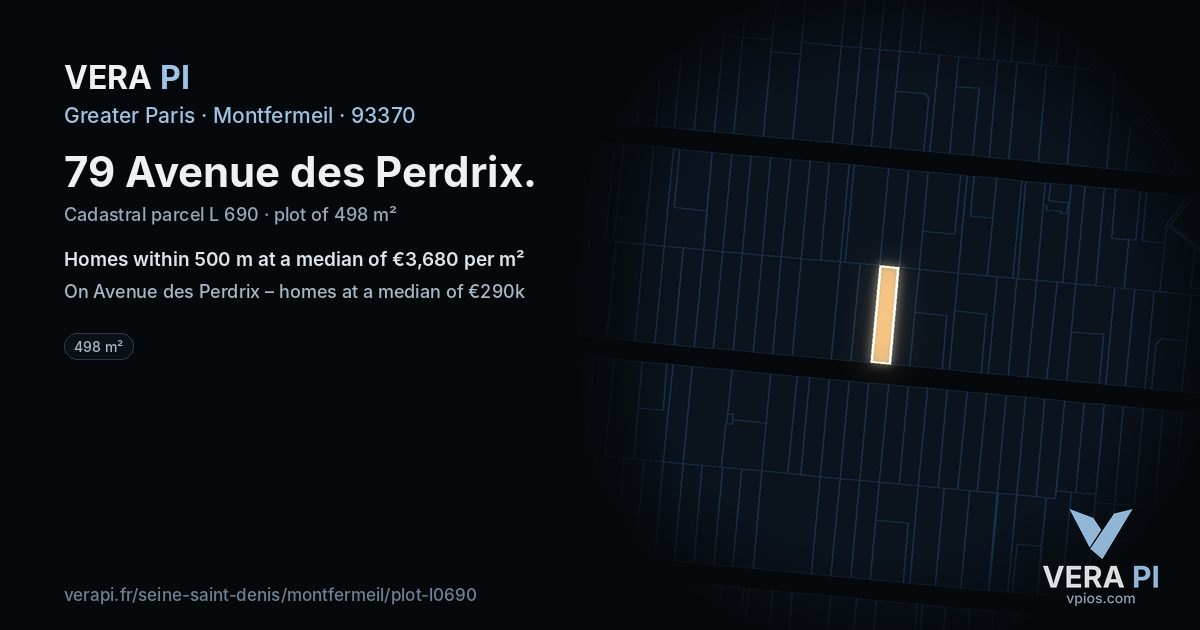 79 Avenue des Perdrix, Montfermeil at night – the plot lit, the parcels around coloured by the prices near them
