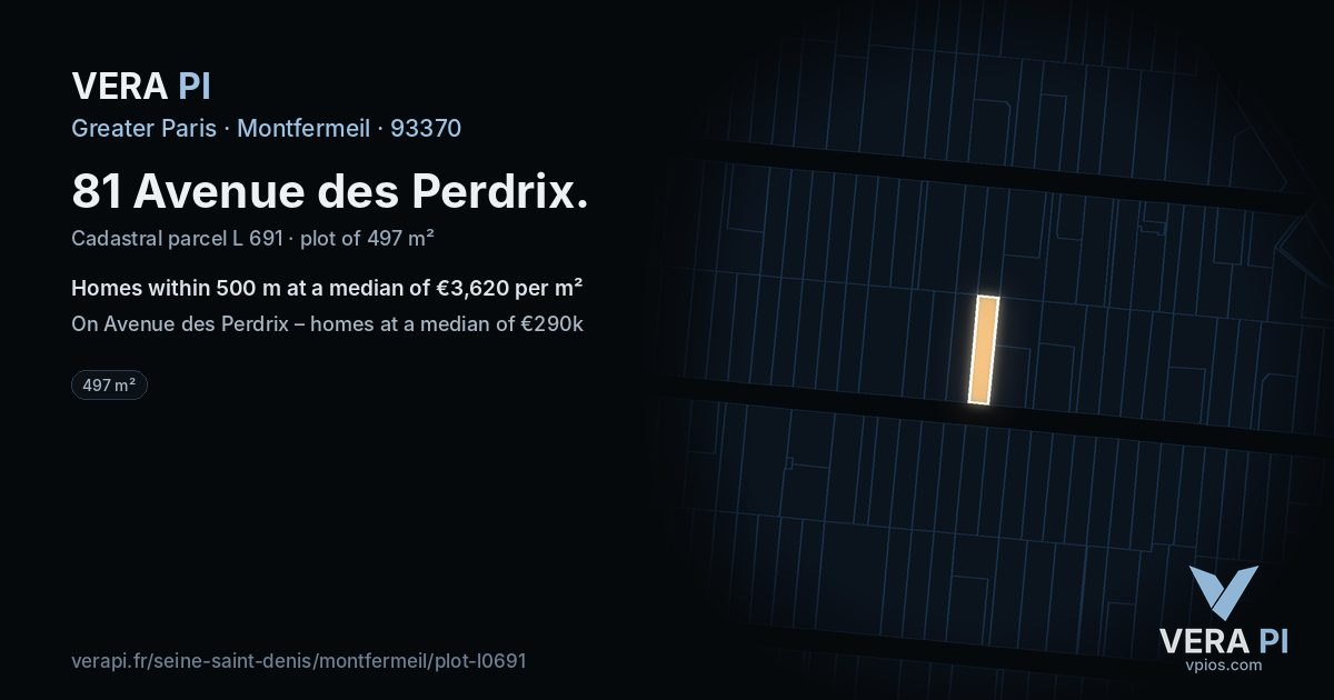 81 Avenue des Perdrix, Montfermeil at night – the plot lit, the parcels around coloured by the prices near them