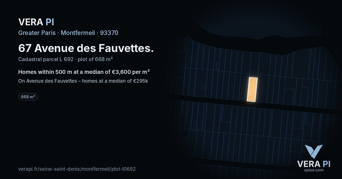 67 Avenue des Fauvettes, Montfermeil at night – the plot lit, the parcels around coloured by the prices near them