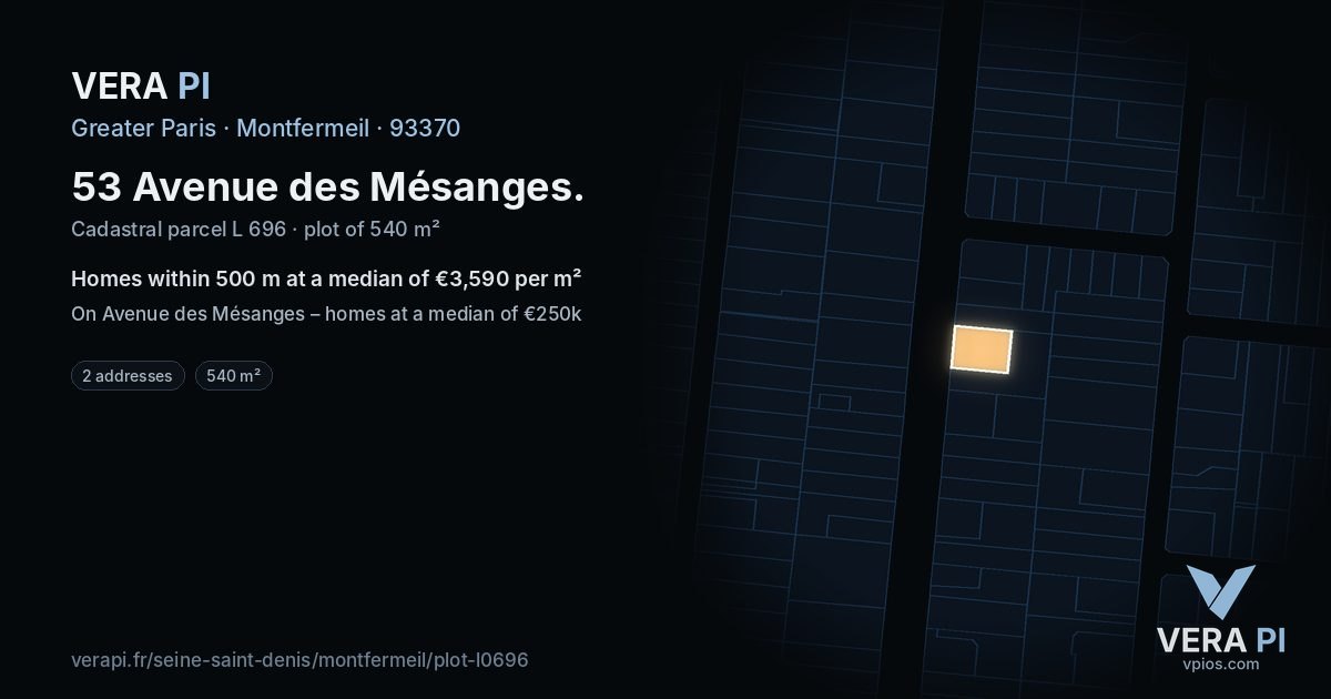 53 Avenue des Mésanges, Montfermeil at night – the plot lit, the parcels around coloured by the prices near them