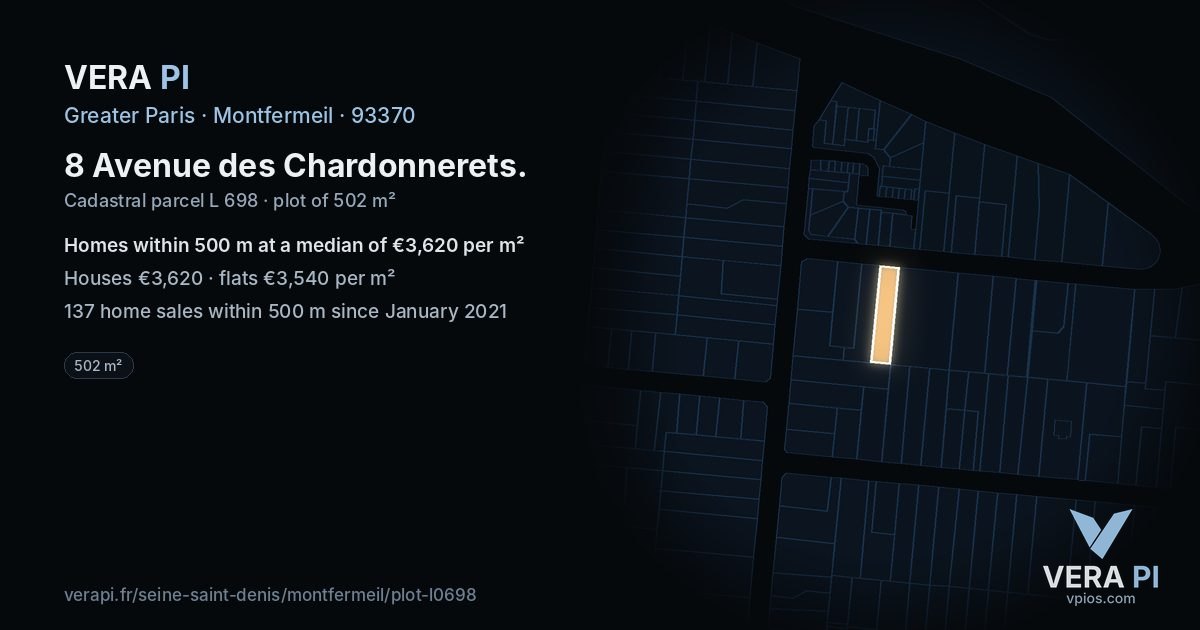 8 Avenue des Chardonnerets, Montfermeil at night – the plot lit, the parcels around coloured by the prices near them