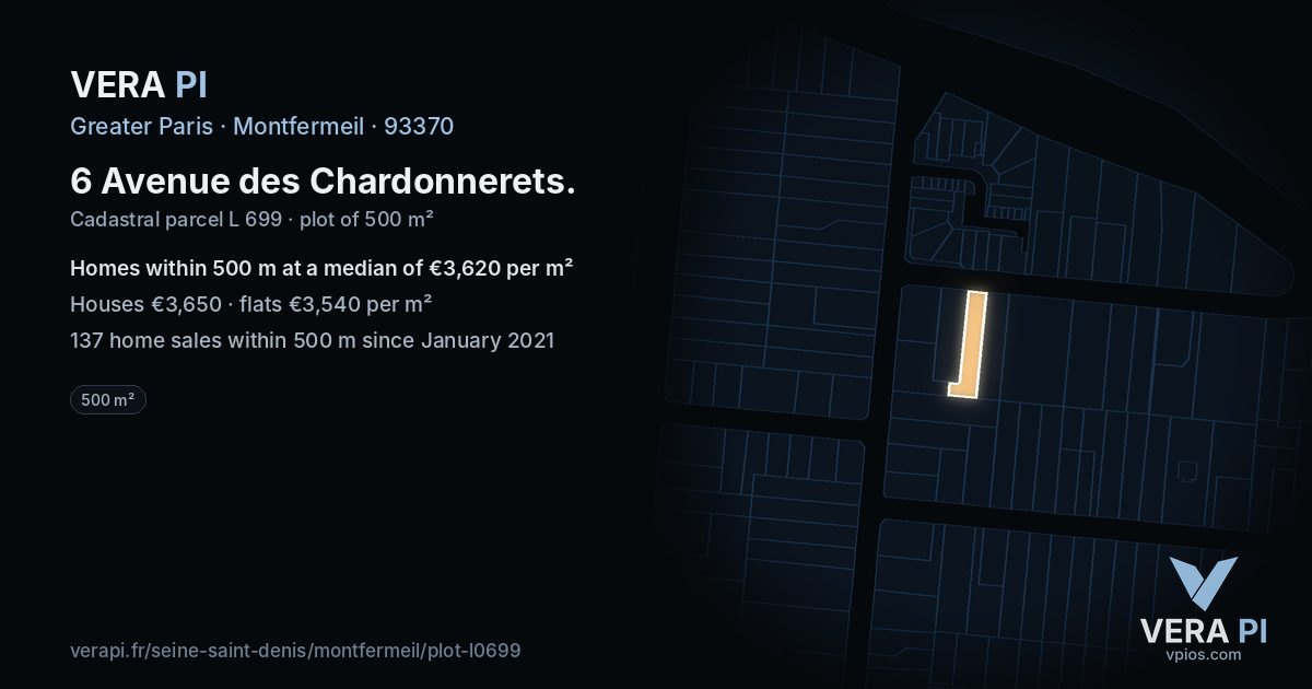 6 Avenue des Chardonnerets, Montfermeil at night – the plot lit, the parcels around coloured by the prices near them