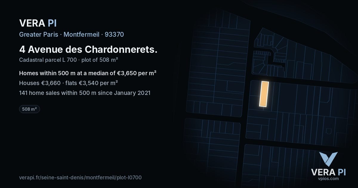 4 Avenue des Chardonnerets, Montfermeil at night – the plot lit, the parcels around coloured by the prices near them