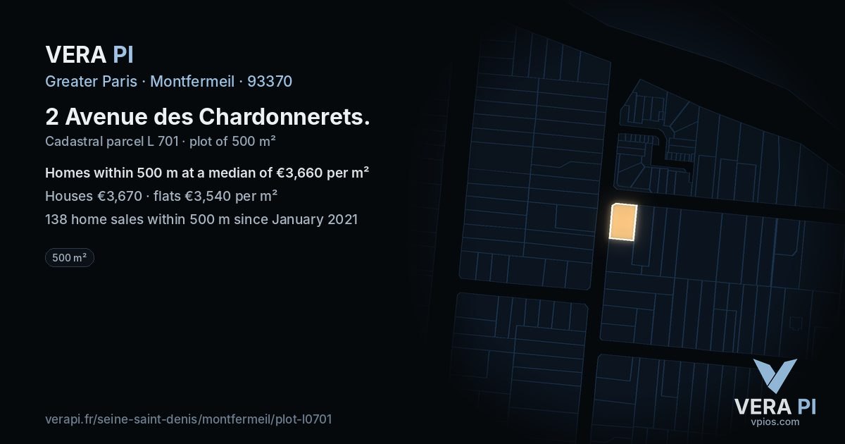 2 Avenue des Chardonnerets, Montfermeil at night – the plot lit, the parcels around coloured by the prices near them