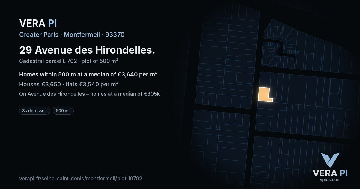 29 Avenue des Hirondelles, Montfermeil at night – the plot lit, the parcels around coloured by the prices near them