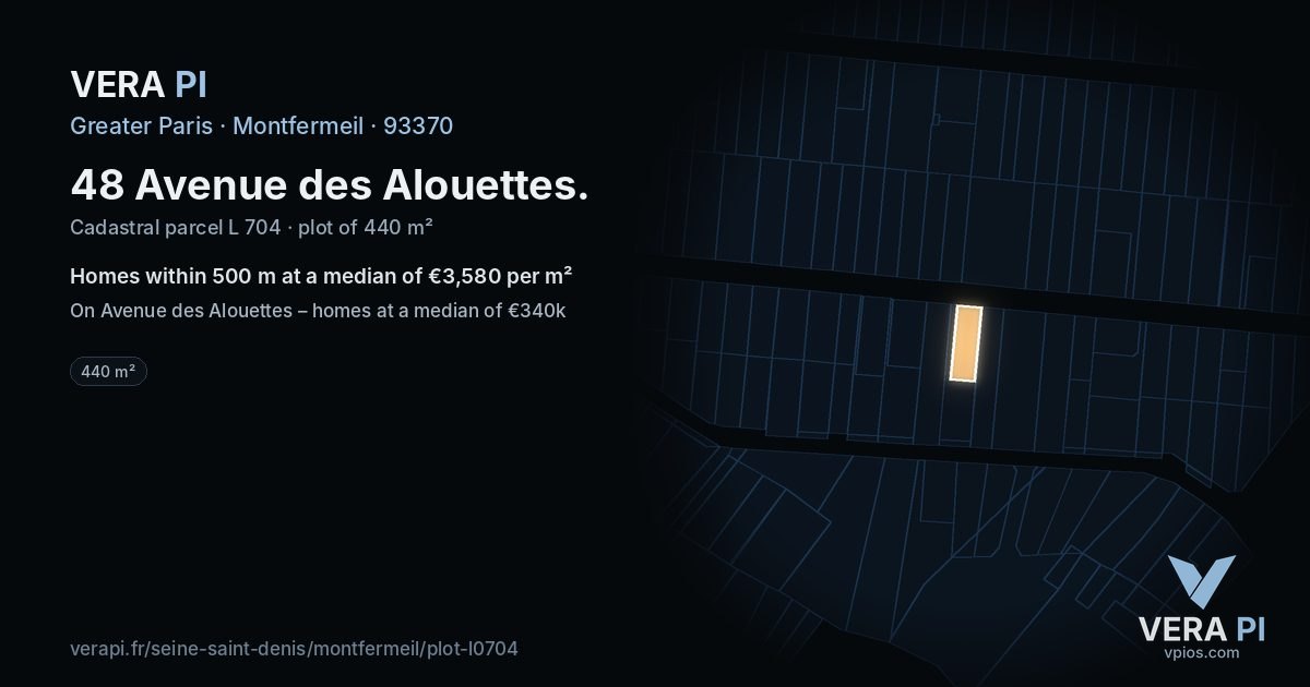 48 Avenue des Alouettes, Montfermeil at night – the plot lit, the parcels around coloured by the prices near them