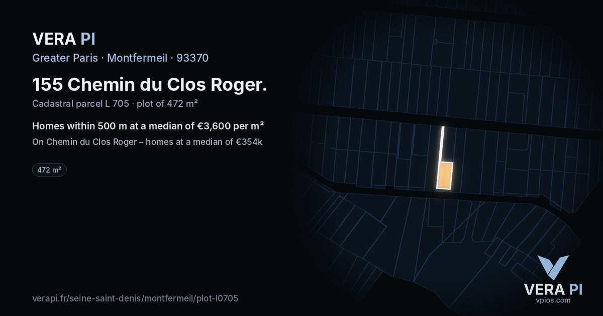 155 Chemin du Clos Roger, Montfermeil at night – the plot lit, the parcels around coloured by the prices near them
