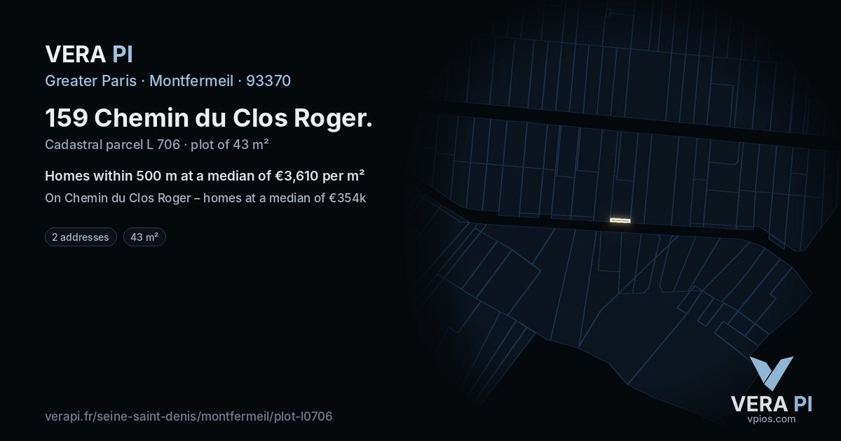 159 Chemin du Clos Roger, Montfermeil at night – the plot lit, the parcels around coloured by the prices near them