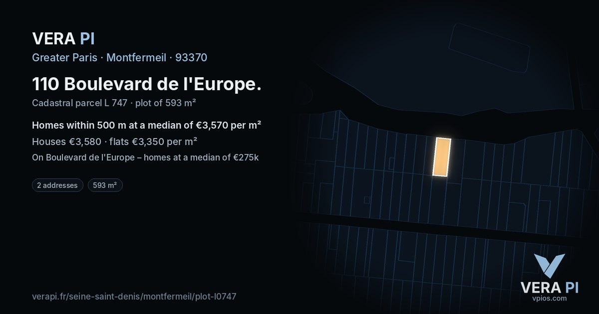 110 Boulevard de l'Europe, Montfermeil at night – the plot lit, the parcels around coloured by the prices near them