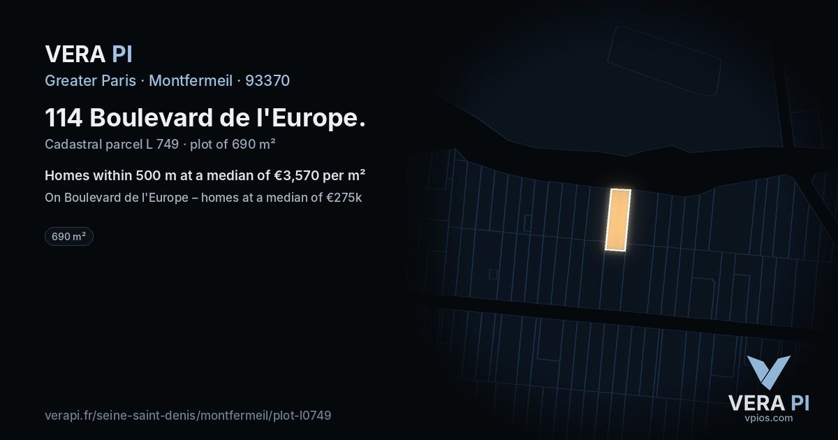 114 Boulevard de l'Europe, Montfermeil at night – the plot lit, the parcels around coloured by the prices near them