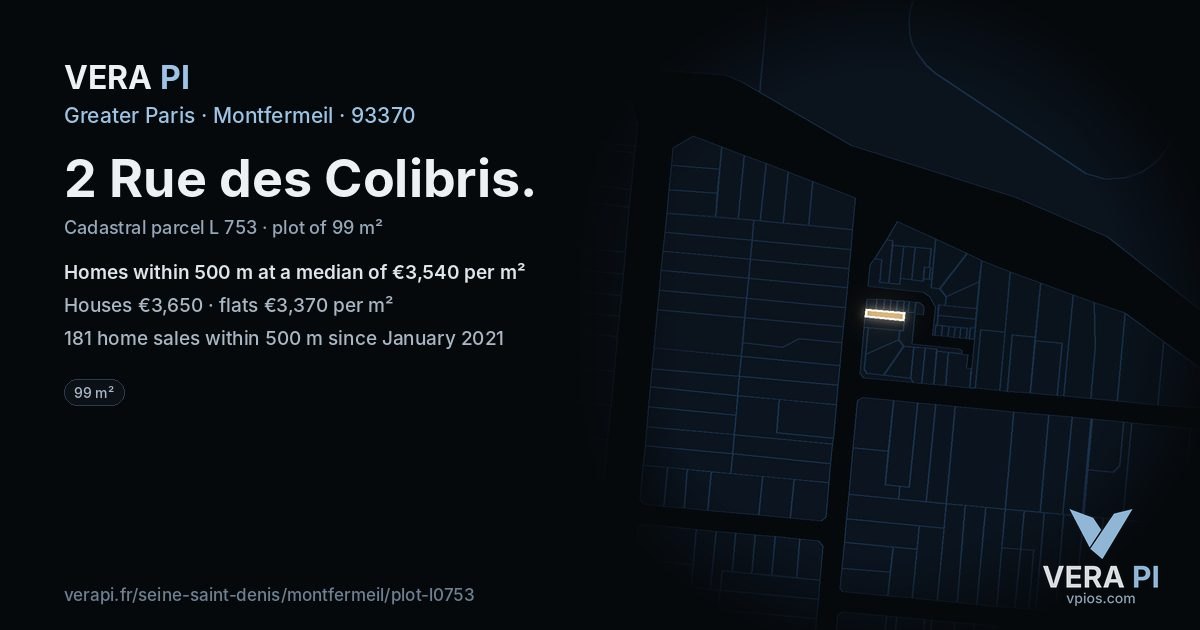 2 Rue des Colibris, Montfermeil at night – the plot lit, the parcels around coloured by the prices near them