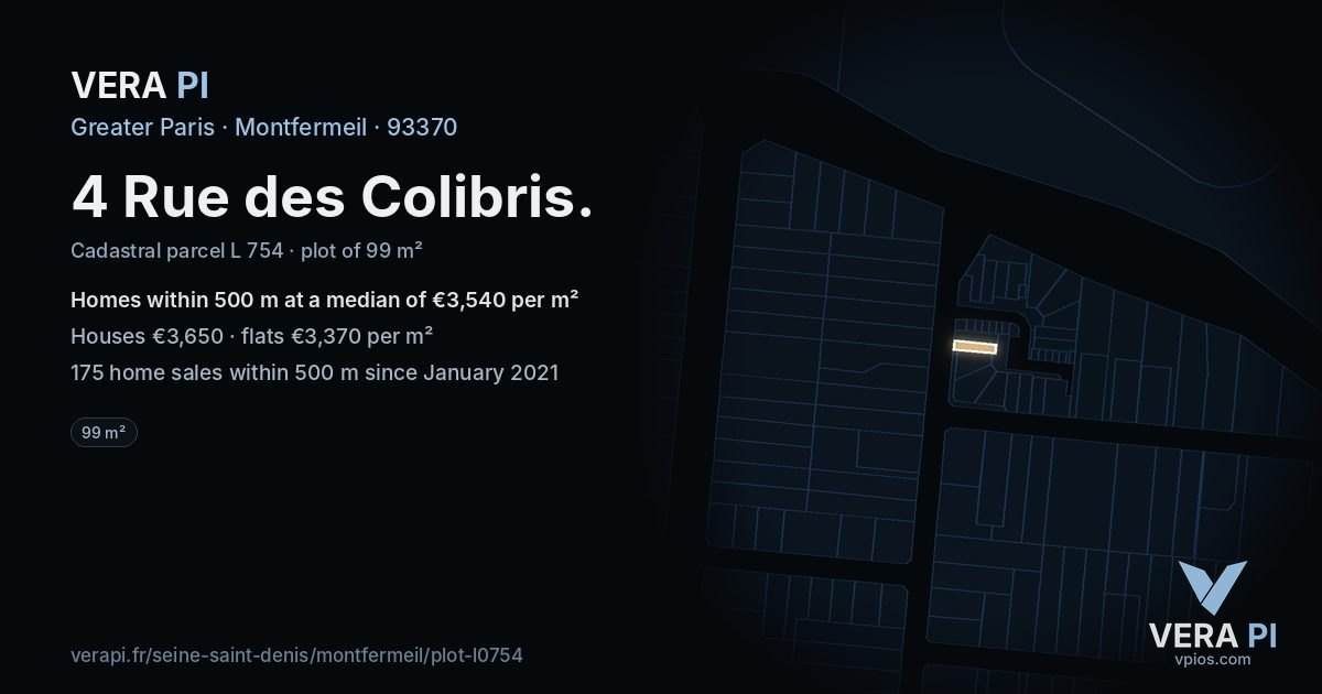 4 Rue des Colibris, Montfermeil at night – the plot lit, the parcels around coloured by the prices near them