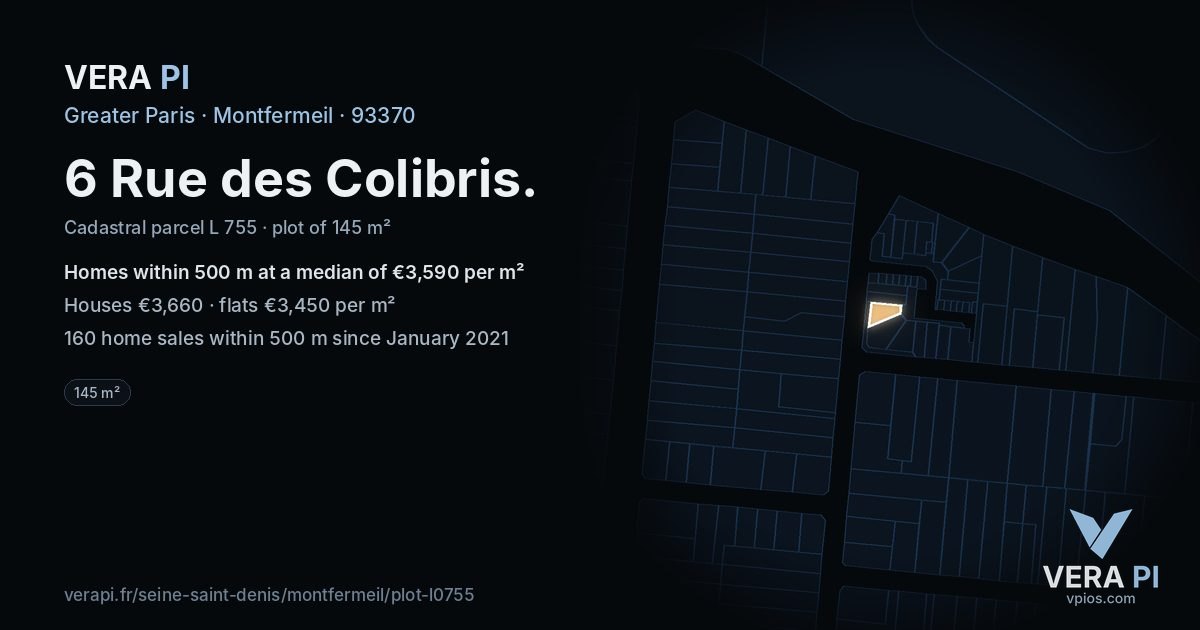 6 Rue des Colibris, Montfermeil at night – the plot lit, the parcels around coloured by the prices near them