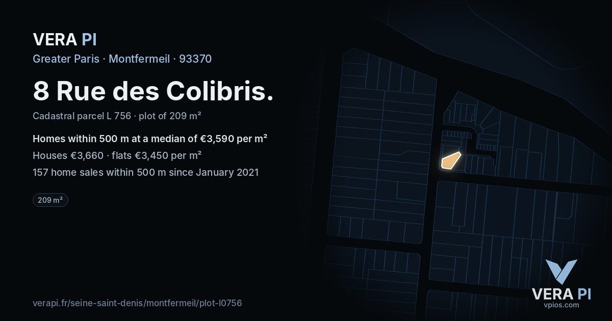 8 Rue des Colibris, Montfermeil at night – the plot lit, the parcels around coloured by the prices near them