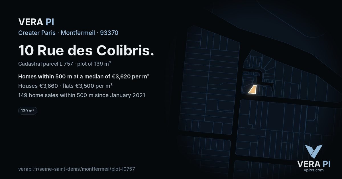 10 Rue des Colibris, Montfermeil at night – the plot lit, the parcels around coloured by the prices near them