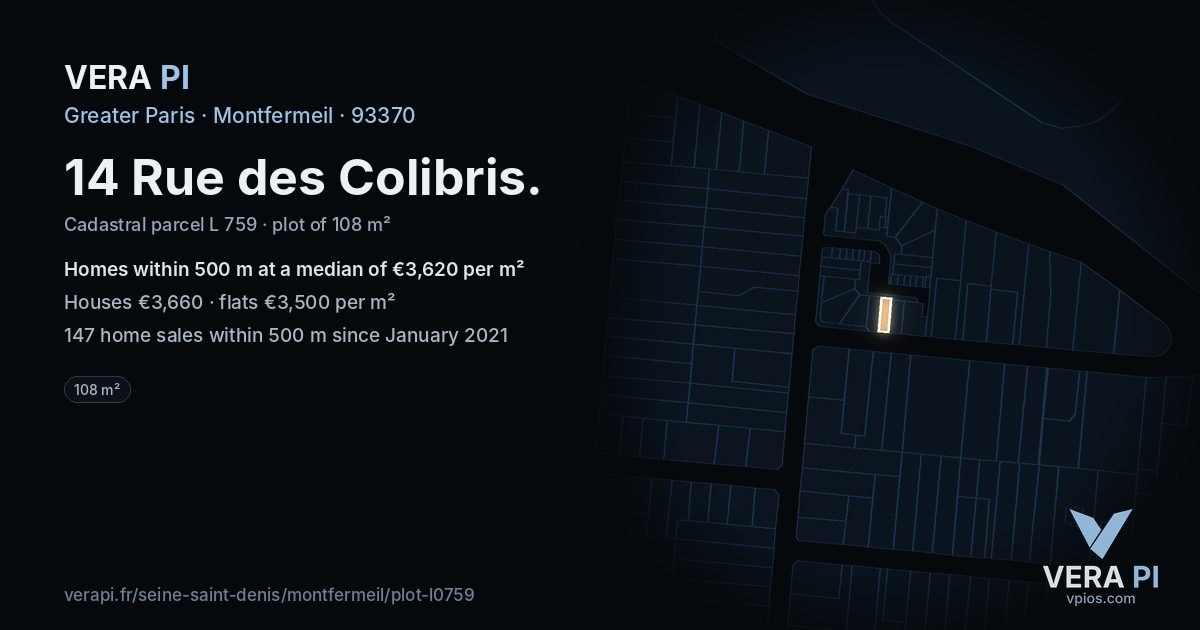 14 Rue des Colibris, Montfermeil at night – the plot lit, the parcels around coloured by the prices near them
