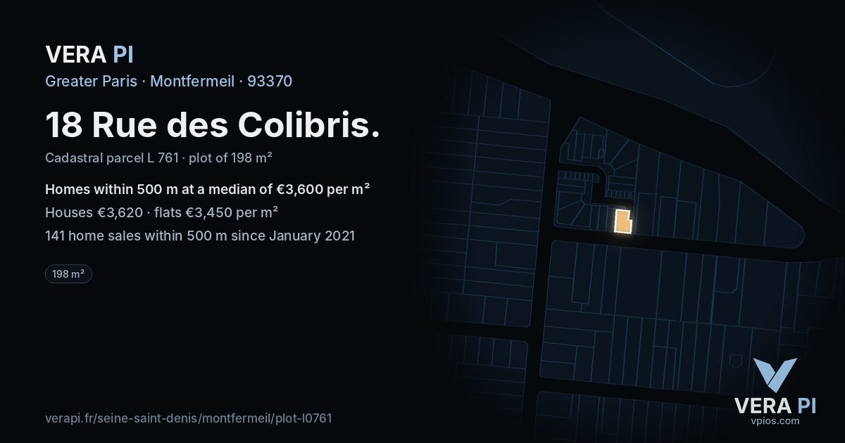 18 Rue des Colibris, Montfermeil at night – the plot lit, the parcels around coloured by the prices near them