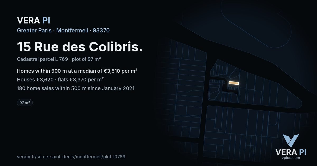 15 Rue des Colibris, Montfermeil at night – the plot lit, the parcels around coloured by the prices near them