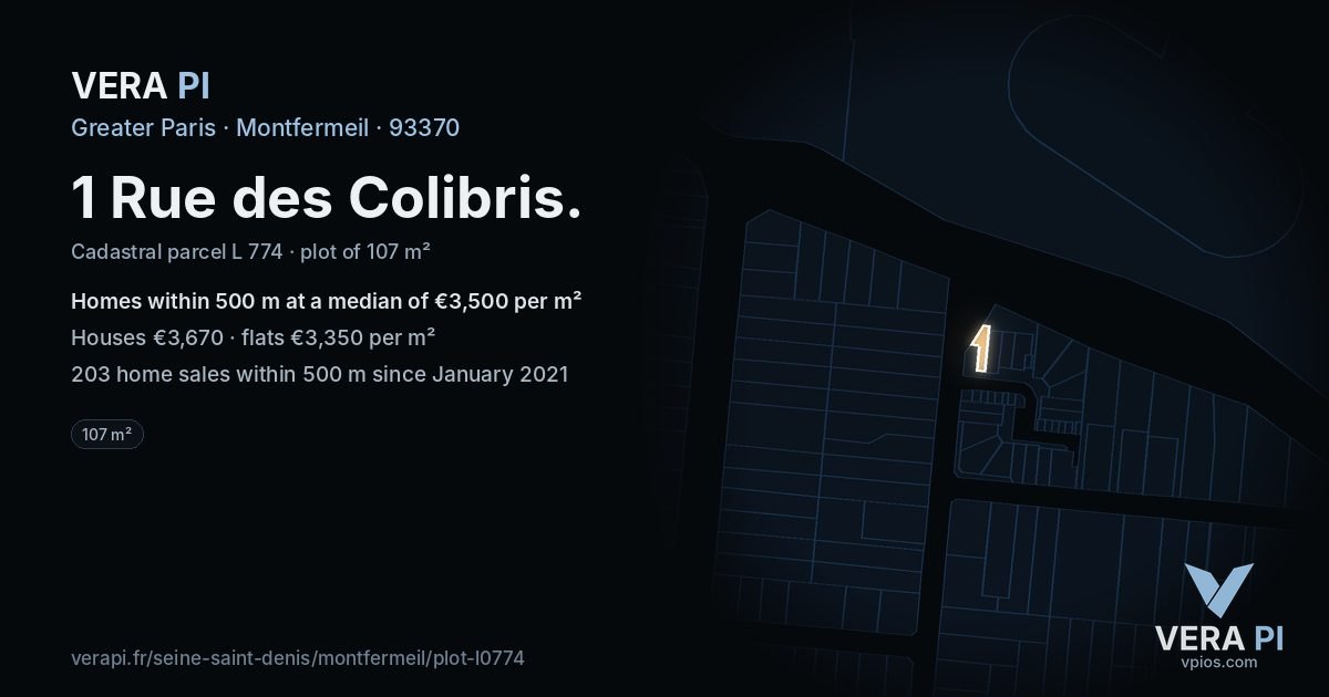 1 Rue des Colibris, Montfermeil at night – the plot lit, the parcels around coloured by the prices near them