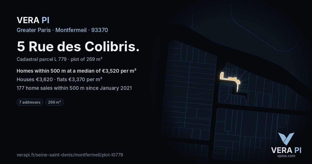 5 Rue des Colibris, Montfermeil at night – the plot lit, the parcels around coloured by the prices near them