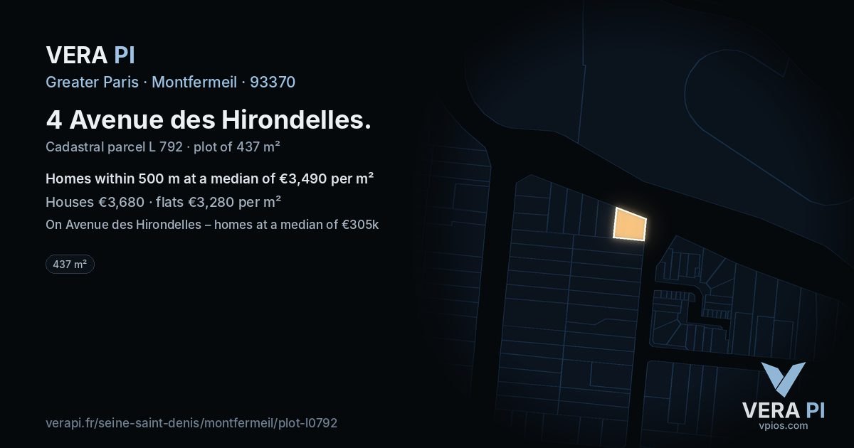 4 Avenue des Hirondelles, Montfermeil at night – the plot lit, the parcels around coloured by the prices near them