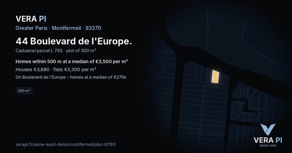 44 Boulevard de l'Europe, Montfermeil at night – the plot lit, the parcels around coloured by the prices near them