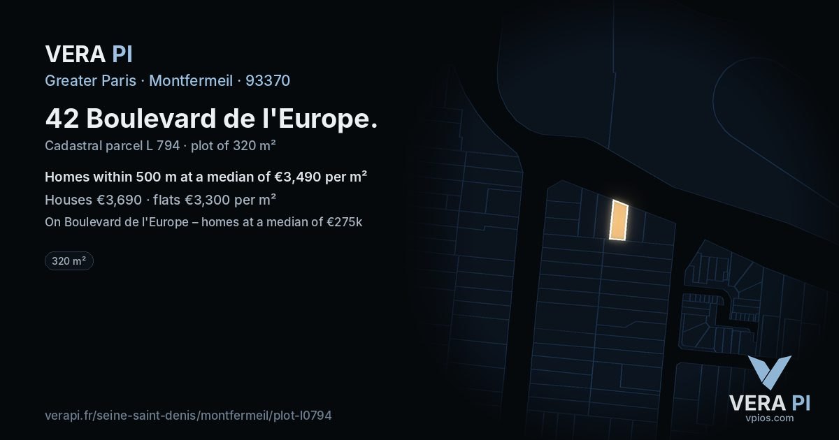 42 Boulevard de l'Europe, Montfermeil at night – the plot lit, the parcels around coloured by the prices near them