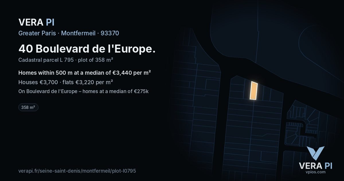 40 Boulevard de l'Europe, Montfermeil at night – the plot lit, the parcels around coloured by the prices near them