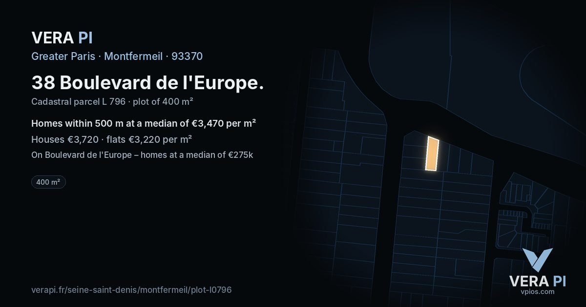 38 Boulevard de l'Europe, Montfermeil at night – the plot lit, the parcels around coloured by the prices near them