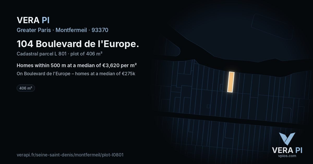 104 Boulevard de l'Europe, Montfermeil at night – the plot lit, the parcels around coloured by the prices near them