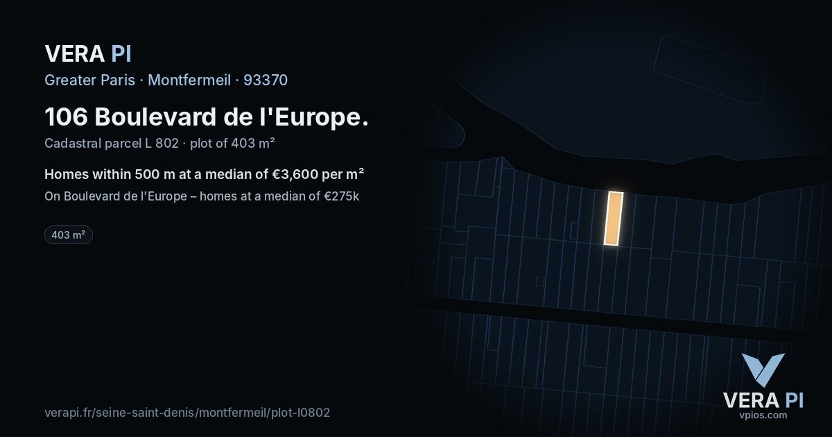 106 Boulevard de l'Europe, Montfermeil at night – the plot lit, the parcels around coloured by the prices near them