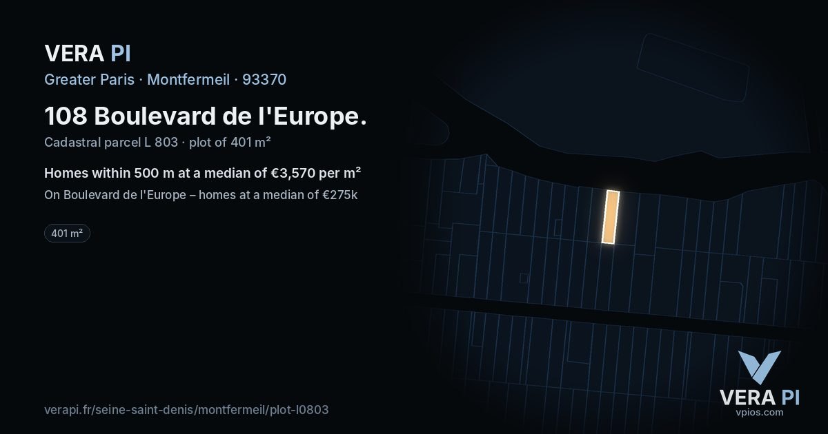 108 Boulevard de l'Europe, Montfermeil at night – the plot lit, the parcels around coloured by the prices near them