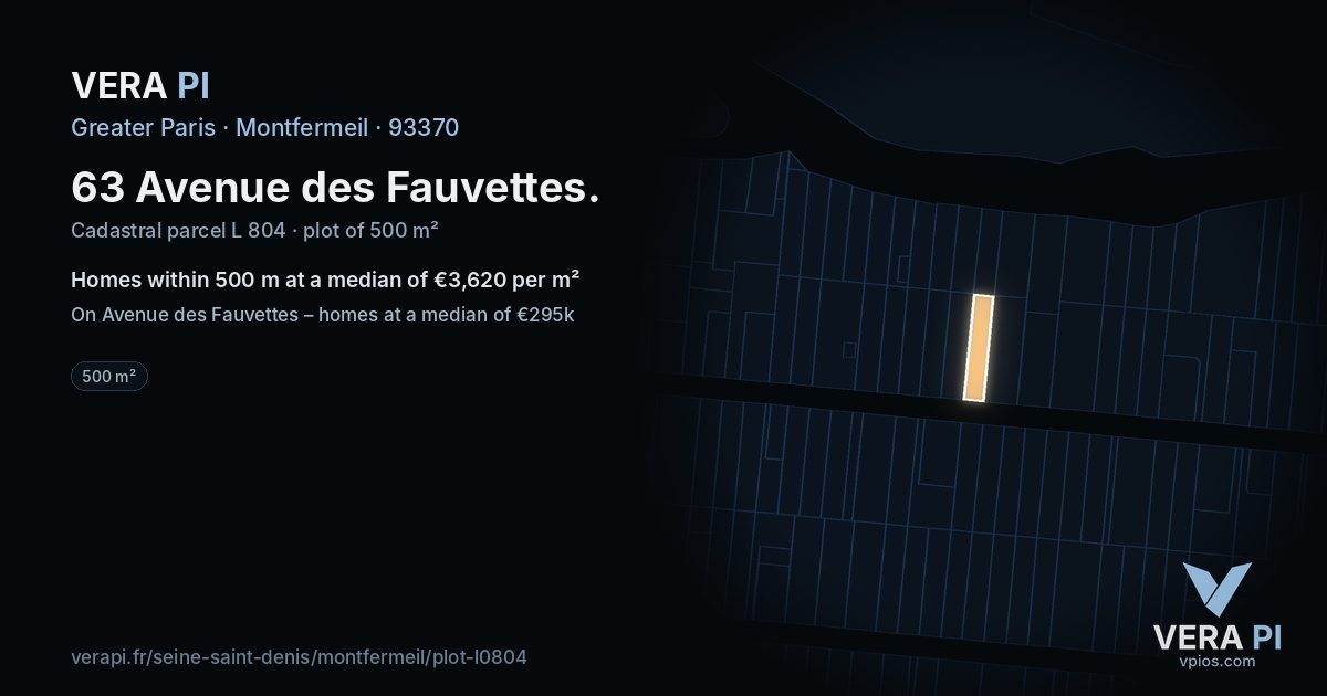 63 Avenue des Fauvettes, Montfermeil at night – the plot lit, the parcels around coloured by the prices near them