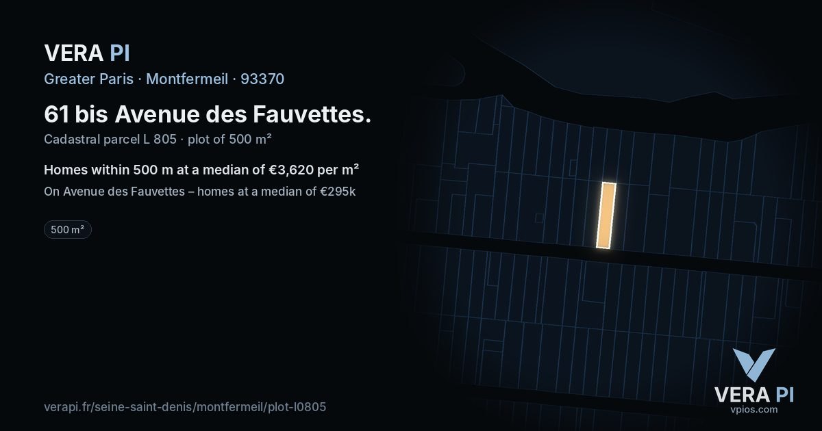 61 bis Avenue des Fauvettes, Montfermeil at night – the plot lit, the parcels around coloured by the prices near them