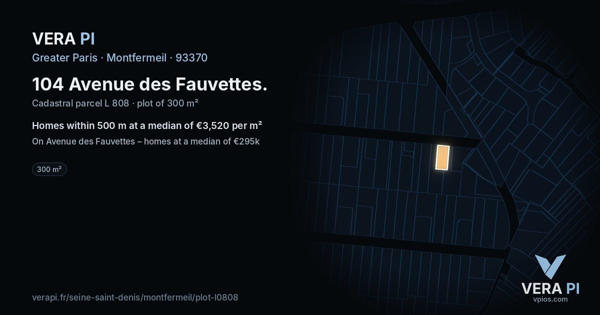 104 Avenue des Fauvettes, Montfermeil at night – the plot lit, the parcels around coloured by the prices near them
