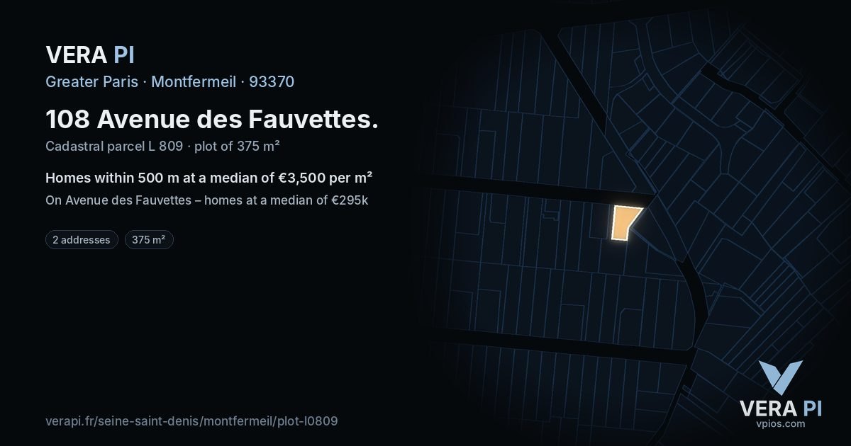 108 Avenue des Fauvettes, Montfermeil at night – the plot lit, the parcels around coloured by the prices near them
