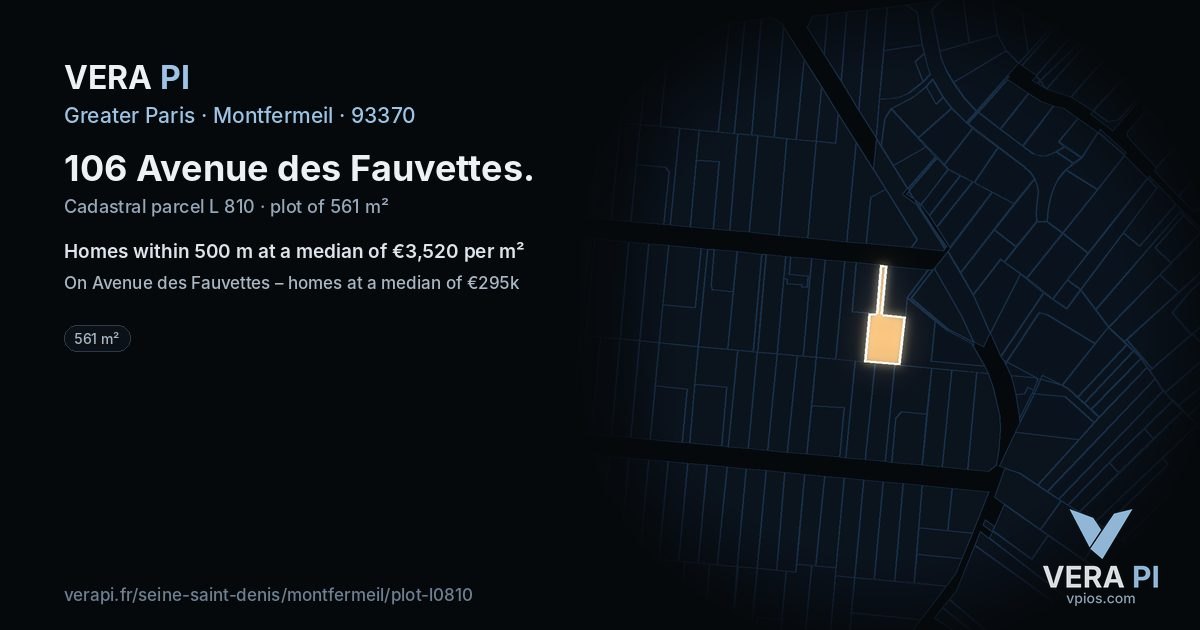 106 Avenue des Fauvettes, Montfermeil at night – the plot lit, the parcels around coloured by the prices near them
