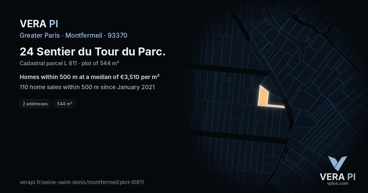 24 Sentier du Tour du Parc, Montfermeil at night – the plot lit, the parcels around coloured by the prices near them