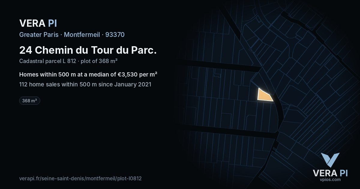 24 Chemin du Tour du Parc, Montfermeil at night – the plot lit, the parcels around coloured by the prices near them