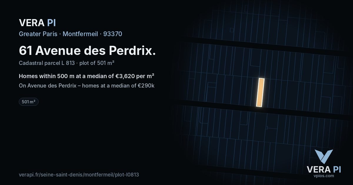 61 Avenue des Perdrix, Montfermeil at night – the plot lit, the parcels around coloured by the prices near them