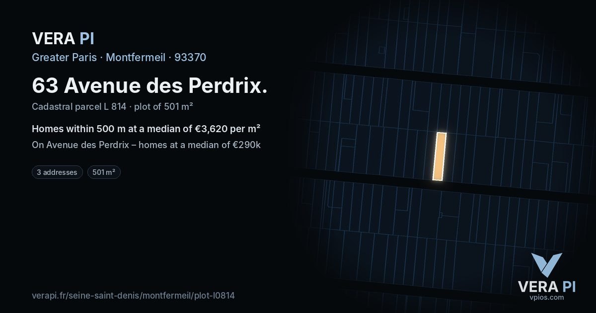 63 Avenue des Perdrix, Montfermeil at night – the plot lit, the parcels around coloured by the prices near them