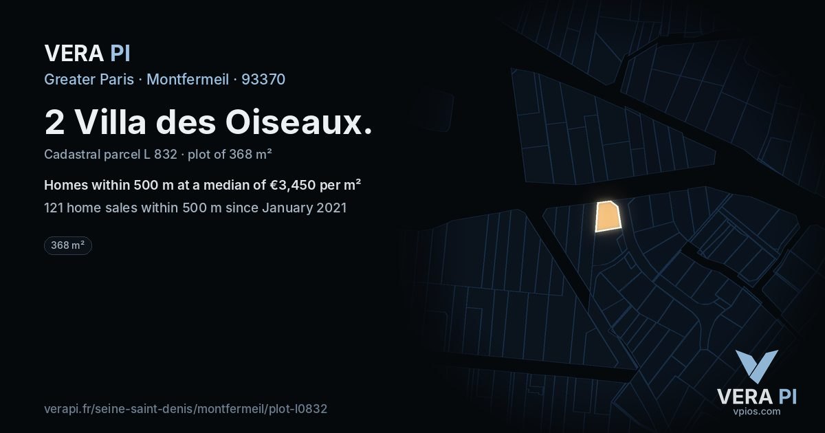 2 Villa des Oiseaux, Montfermeil at night – the plot lit, the parcels around coloured by the prices near them